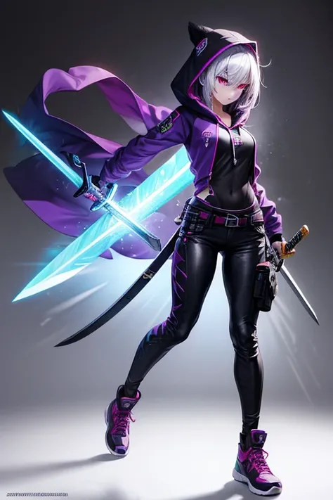 high resolution,  best quality,  extremely detailed, female warrior, hoodie,  black pants,  Shoes, neon crimson eyes, slender figure, sword, purple color, ( full body photo:1.2)