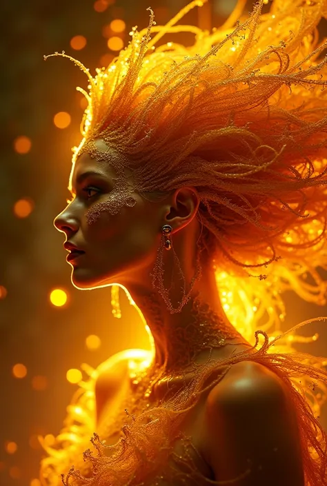 cinematic photo acid lighting, from below, hyperdetailed, hyper realistic, epic action full body portrait Incredible beautiful of Firebird girl with the merger between gold and fire, hypnotic opinion, fractal hair and feathers, detailed face | DamShelma | ...