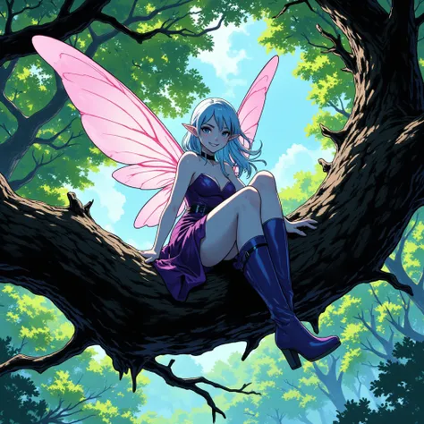 in a dramatic comic book style illustrate a slender fairy, white skin, pale blue hair, long hair, blue eyes, pink wings, pointy ears, medium-sized chest, black eyeliner, gothic black collar, high purple boots, dark purple dress. Show her sitting on a thick...