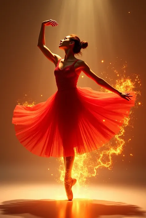 An elegant ballerina in a graceful leap, wearing a vibrant red dress that appears to be made of flames. The setting is minimalist, with soft lighting emphasizing the energy and motion of the dance. Glowing particles and golden light radiate around her, cre...