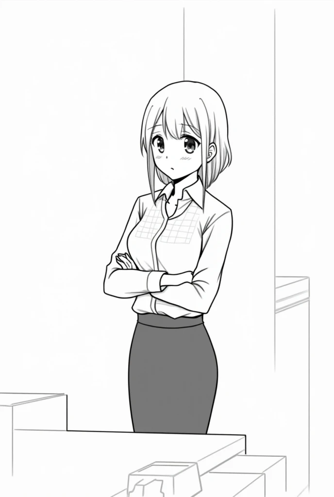  I want an image of Kaori  (From your life an April )  as a secretary that is manga type and that the drawing is simple,  without much detail and in black and white 