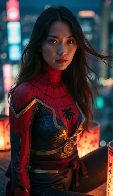 "Create a realistic depiction of a Spider-Woman inspired by Japanese culture. She should be wearing a blend of traditional Japanese elements, like samurai armor and kimono details, with modern superhero attire. Her suit should feature subtle red spider mar...