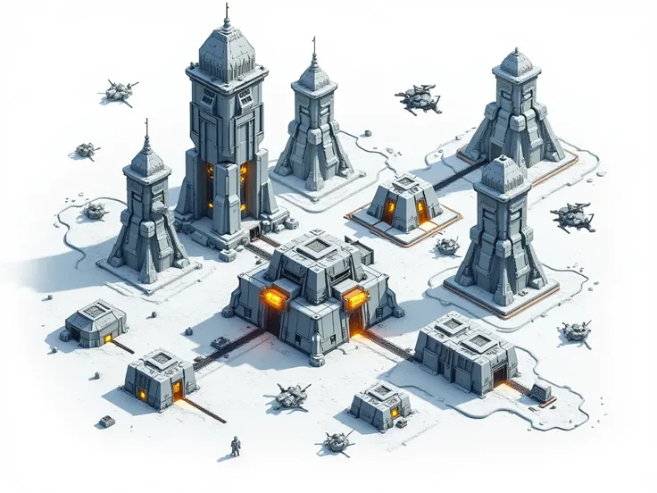 Massive human construction effort in a futuristic RTS game, overwhelming the battlefield with high-tech outposts, hovering supply drones, and automated defense grids. Isometric perspective, white background, glowing energy cores, sleek design.