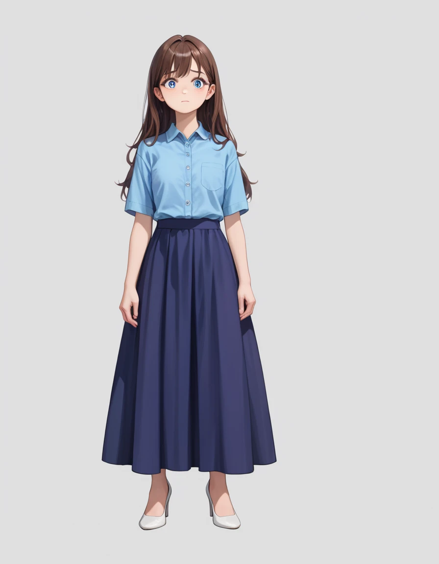 clarissa, 1girl, solo, long hair, worried expression, skirt, simple background, brown hair, blue button up shirt, standing, grey background, white footwear, white high heels, blue eyes, blue shirt, purple skirt, long skirt