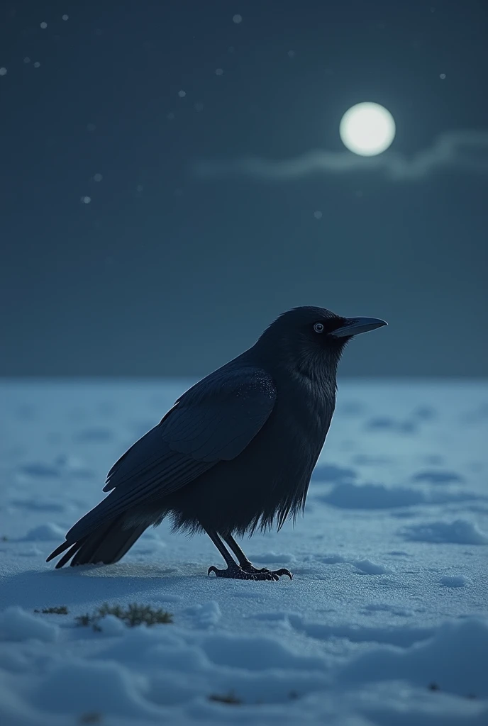 An Arctic crow eating at night