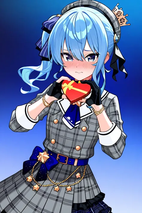 Hoshimachi Suisei, soro, 1  girl,  blue eyes, blue hair, hat, gray hat, plaid hat, side ponytail, ascot, long hair, gloves, black gloves, partially fingerless gloves, plaid pattern, choker, jewelry, double breasted, buttons, star(symbol), symbol in the eye...