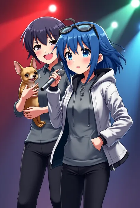  anime character,  blue hair and blue eyes , dark glasses on her head. silver jacket. Microphone in hand and singing on a stage with red lights,  green and blue . Behind him is a fat woman, king, their facial features are similar to a bulldog breed, Short ...