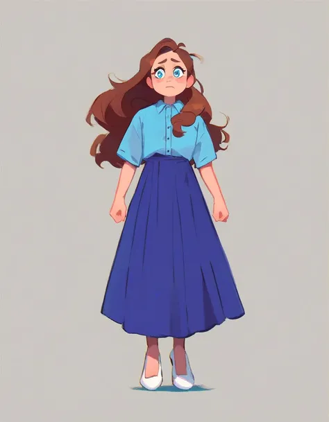 clarissa, 1girl, solo, long hair, worried expression, skirt, simple background, brown hair, blue button up shirt, standing, grey background, white footwear, white high heels, blue eyes, blue shirt, purple skirt, long skirt