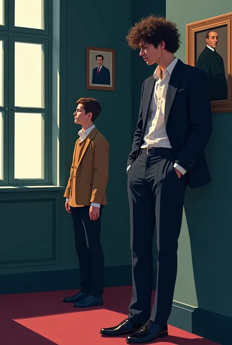 Flat colors, strong lineart,Tumblr style art, dark academia, tall lanky guy with curly hair leaning against a wall with smaller guy to his left looking conspiratorial british school, a portrait behind them, window casting light to the left 