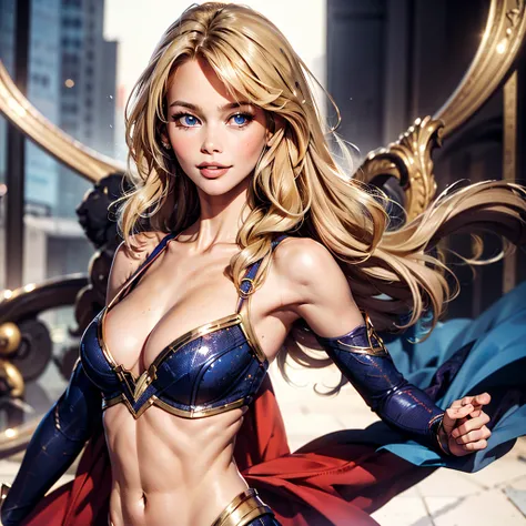 supergirl, long golden hair, straight parted in the middle bangs, golden iris blue eyes, delicate body, Sculpted abs,young, very THIN, LEAN body, SCORE_9, SCORE_8_UP, SCORE_7_UP, SCORE_6_UP, SCORE_5_UP, SCORE_4_UP, PORTRAIT,floating over city, 2 piece supe...