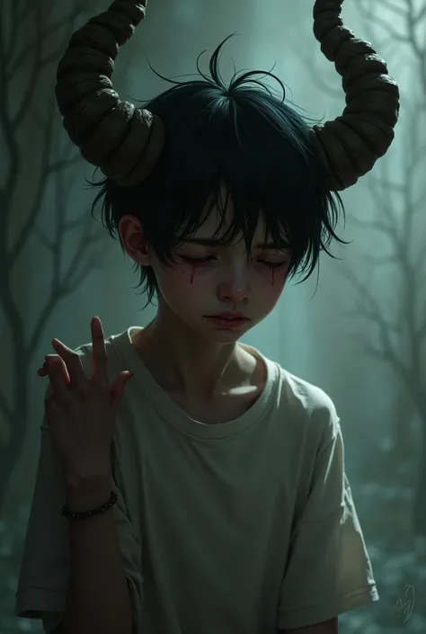 18-year-old boy ,  with one shoulder dislocated forward, With two huge horns and with the bangs combed up crying