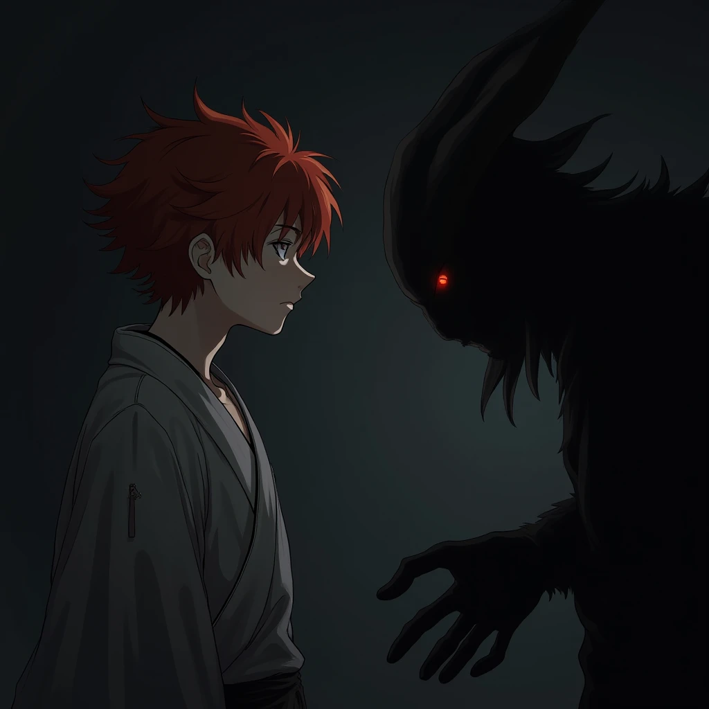  Dark and dreary anime wallpaper of red-haired, profiled young man making a deal with a dark entity, (((young man with reddish hair and in profile wearing frayed Japanese clothes))), ((( You can see the whole body ))), (((dark and gloomy background))), (((...