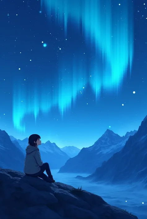 A lonely girl on a mountain looking at the starry sky with auroras,  anime-style 