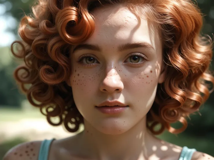 ginger girl, (Freckled, speckled, dappled :1.5), (curly mullet hair, coily texture, layered volume, retro edge), ((face close-up, photorealistic, ultra-detailed skin, natural lighting, cinematic depth, 8K resolution))