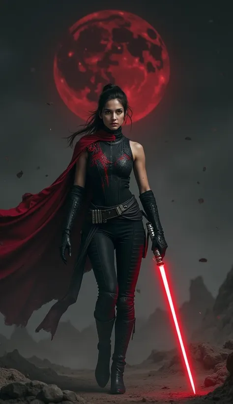 A dark and imposing Lady Sith stands confidently, radiating power and malice. She has an athletic and agile build, her posture exuding precision and lethal intent. Her attire is a combination of practicality and Sith elegance, crafted for both combat and i...