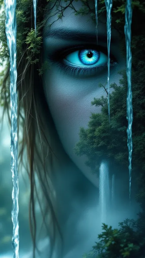 A waterfall landscape in the shape of a woman with blue eyes, cu buze roșii cu părul lung învolburat in dubla expunere High Resolution, High Resolution, Long Hair, Anatomically Correct, Best Quality, Masterpiece, surrealism, 