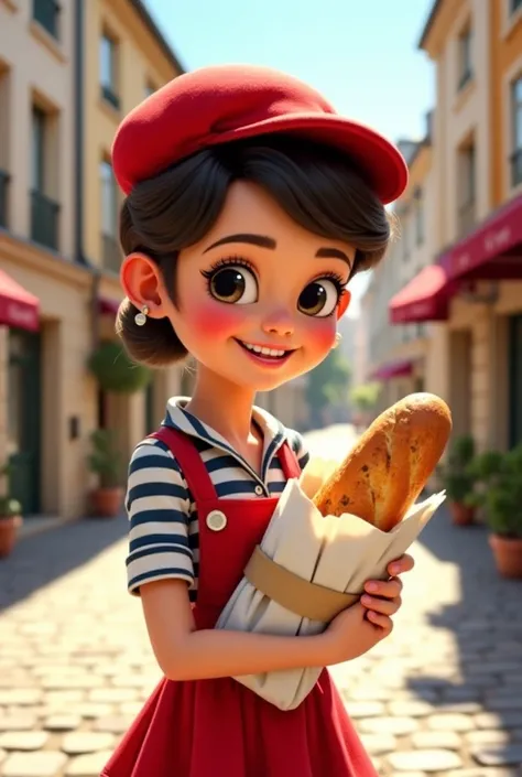 Red beret French girl holding package with baguette