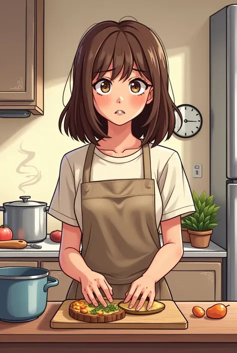 Create a comic image of a 17-year-old brown-haired age girl worried and cooking