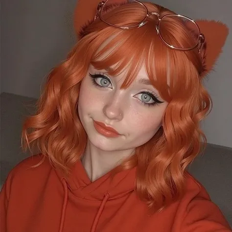 there is a woman with red hair and a cat ears on her head, red wig, ginger wavy hair, girl with cat ears, curly copper colored hair, orange glowing hair, orange hair, anime girl with cat ears, foxgirl, bright orange hair, long wavy orange hair, girl with f...