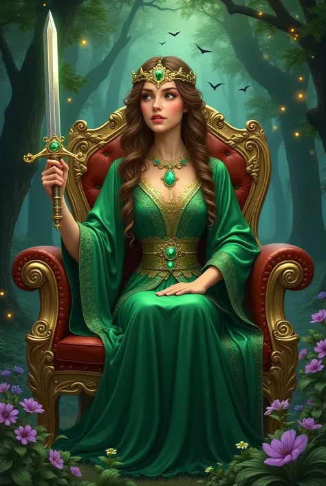  Map of a magical fantasy work .

The centerpiece is a magical forest in the forest a girl of 30 years old sitting on a golden throne in a magical green robe , oriental stone dress  .  Hair long brown twisted curls  .   There is a gold crown on her head wi...