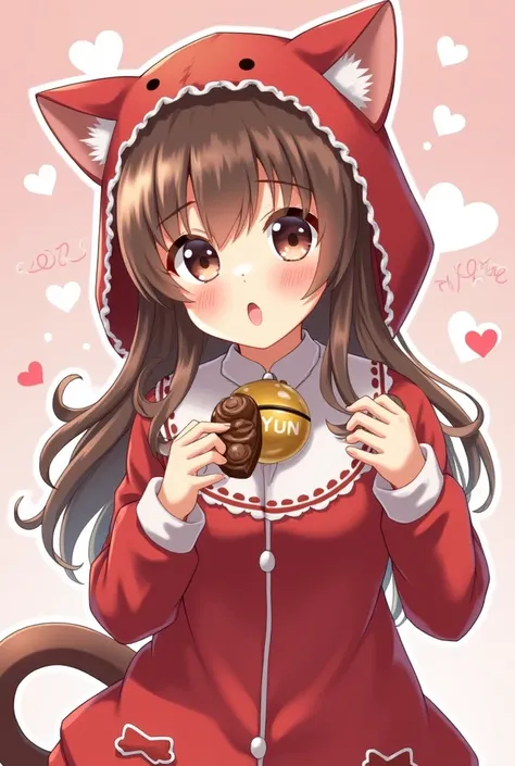 , a brown-haired idol-like girl is cosplaying as a cat。 has a bell on her collar and the letters myo on the bell 。As you can see the letters yun in the background 。 has chocolate and beer in her hand 。Valentine's Day atmosphere