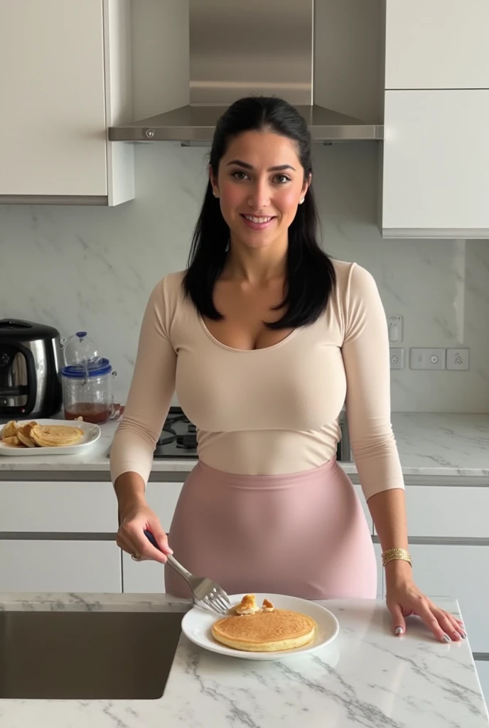 A stunningly beautiful 50-year-old woman from Los Altos de Jalisco, standing in a modern kitchen, preparing breakfast with a warm smile. She wears a stylish yet comfortable blouse with a fitted skirt and elegant high heels. Her deep green eyes exude warmth...