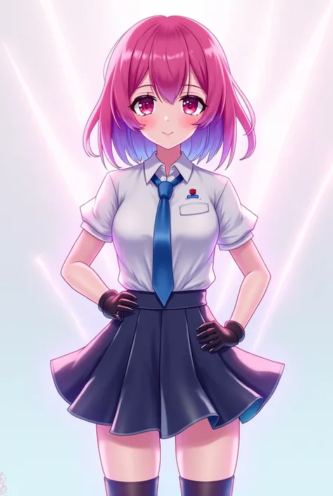 Aquky is a 19-year-old student wearing a mini skirt and school clothes with rays of light pink purple blue brobloleta her hair pink-purple blue at the ends a little on the left eye she is standing looking forward Yandere with red eyes with a shade of pink ...