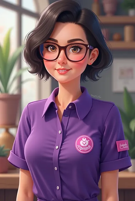 40-year-old lady in purple uniform from the company Lilipink de Cucos famous purple with glasses short black hair smiling with a lively fat build very short hair that looks a little older and that the logo says Lilipink in pink only the letters the hair a ...