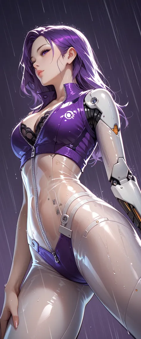 Thin, purple-haired female, cybernetic body parts, thin see-through bodysuit, unzipped, cleavage, blank dark purple background, intricate detail, rear view, yoga pose, between legs, low angle, close up, raining,