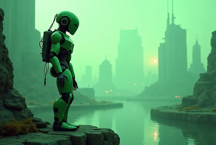 Crea  una imagen estilo cyberpunk futurista en tonos verdes donde haya un robot de  full body estilo no tan robusto, from a friendly view to the left of the image in a futuristic natural environment with a city background,  full body .