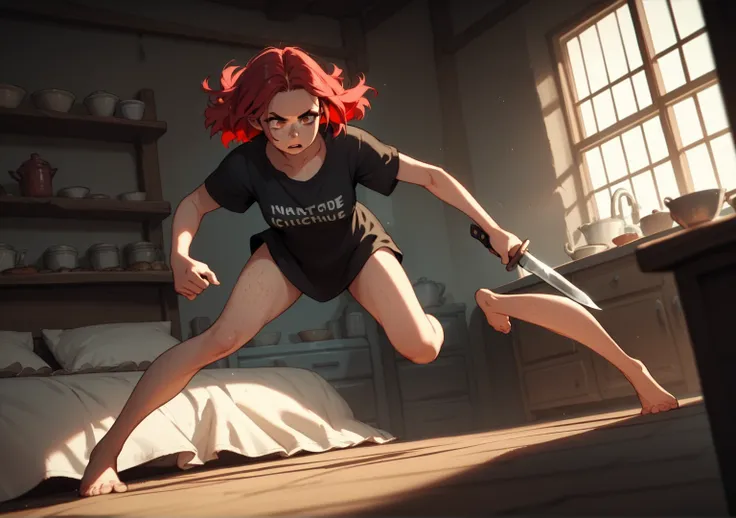  girl with red hair, open forehead , bangs combed back , forehead open, freckles,  is in the kitchen, full-length shot,  she holds a knife in her hands and hits her stomach in a big way, Cinematic Angle, Dark tones, girl is wearing a homemade black t-shirt...