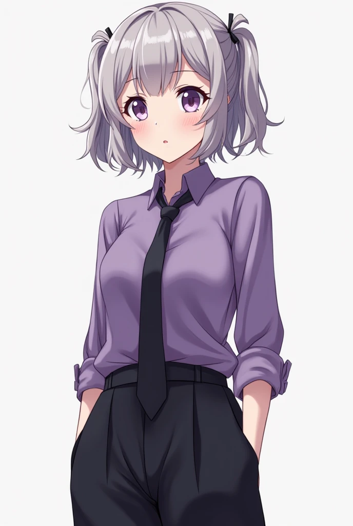 Anime girl with pale skin loose black pants , a purple shirt rolled up the sleeves and a black tie,  with short wavy hair up to her shoulders bangs as long as her hair to the side and 2 small pigtails on the top of her head 