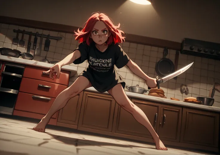  girl with red hair, open forehead , bangs combed back , forehead open, freckles,  is in the kitchen, full-length shot, she holds a knife in her hands and hits her stomach in a big way, Cinematic Angle, Dark tones,  a girl wearing a homemade black t-shirt ...