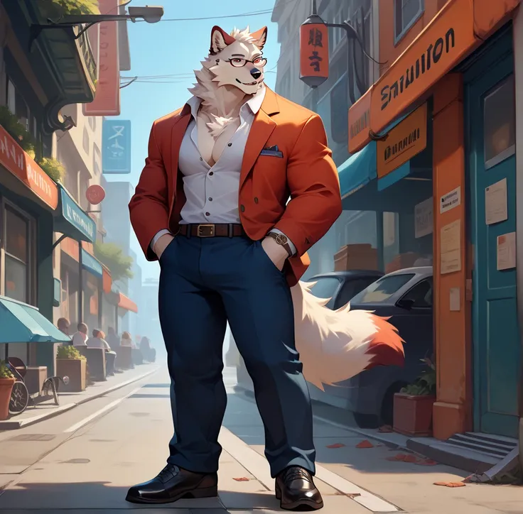 Arctic Wolf, businesswolf, blue-red eyes, solo, glasses, full body, no shirt, business jacket, standing 