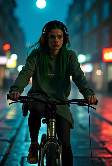 Prompt: "Billie Eilish, with green and black hair ,  wearing a casual clothing style ,  riding a bike down an urban street at night .  The city lights shine in the background ,  reflecting on wet streets ,  and the moon is visible in the sky .  The atmosph...