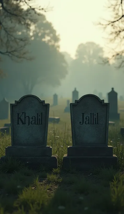 In a mournful rural setting, two graves are placed side by side in a cemetery in the morning light. The names on both graves will be written, one “Khalil” and the other “Jalil”.