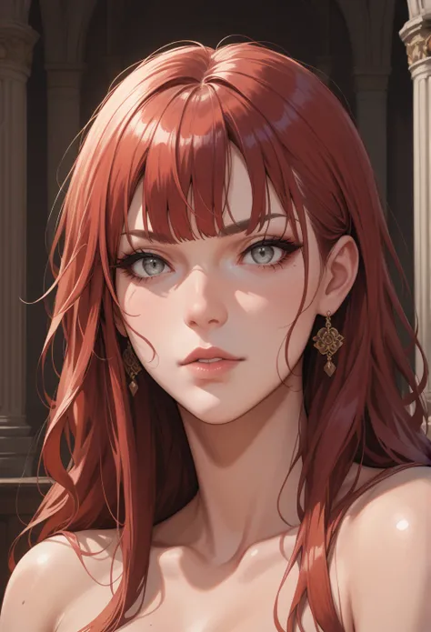  Annoying princess and a tender face with long reddish hair, with bangs,   gray eye color  ,   white skin ,  nude,  historical environment  ,   Illustration Style  ,   cartoon 