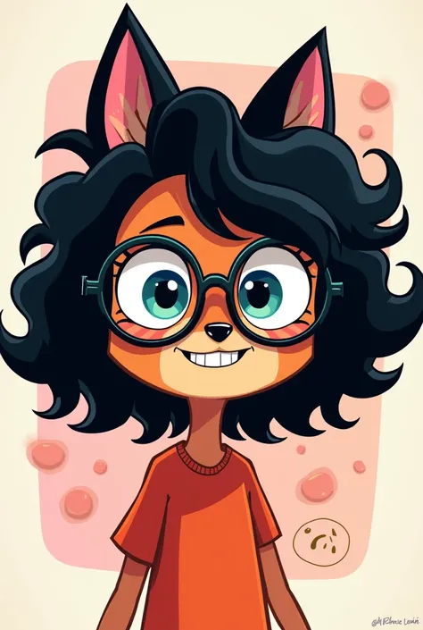 Imagine a playful, cartoonish portrait in the style of The Amazing World of Gumball make it an animal —with its bold, clean outlines and vibrant colors. The character has medium-length, curly black hair that’s full of life, styled in loose, fun curls. A pa...