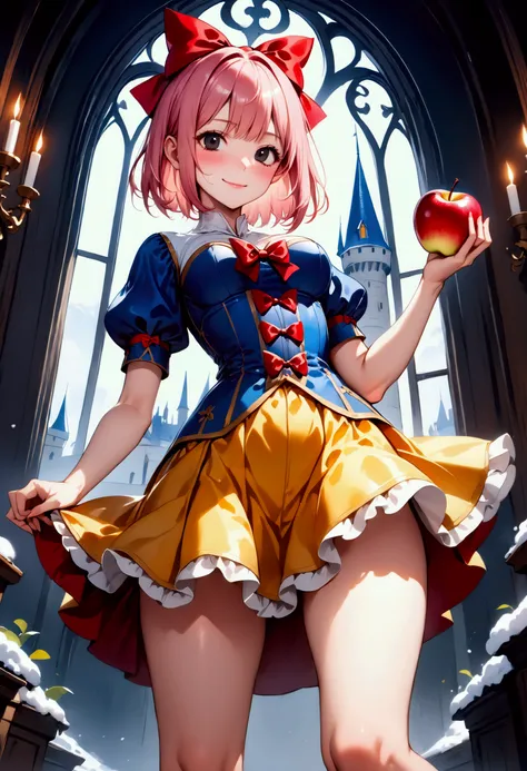 The costume is made of silk, ((cowboy shot)), (in heat), (((evil smile))), (((Picture book illustrations))), Fantasy World, (Medieval European), (Characters are on the edge), ((spring)), ((snow white cosplay, snow white (disney) (cosplay), cosplay, dress, ...