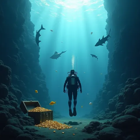 Create a hyper realistic image of a diver in dark ocean.  a lot of fish and sea species are inside. A treasure full of gold and shiny diamonds are at a corner of the bottom. 