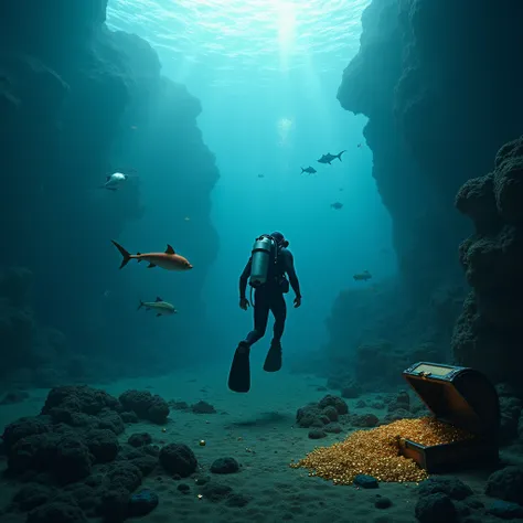 Create a hyper realistic image of a diver in dark ocean.  a lot of fish and sea species are inside. A treasure full of gold and shiny diamonds are at a corner of the bottom. 