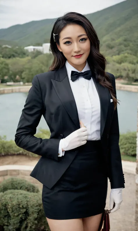 a beautiful picture of fukuharaXL ,woman,detailed skin texture,masterpiece, photorealistic, light, RAW color photo,(fully in frame:1.1), (blush:0.5), (goosebumps:0.5),(((black silk skirt suit))), (((three-piece suit))), (((tuxedo))), (((dress shirt))), (((...