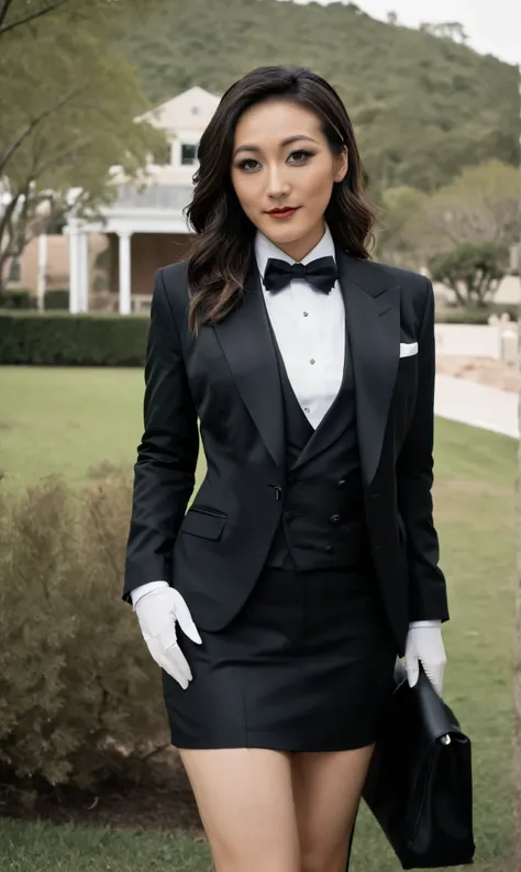 a beautiful picture of fukuharaXL ,woman,detailed skin texture,masterpiece, photorealistic, light, RAW color photo,(fully in frame:1.1), (blush:0.5), (goosebumps:0.5),(((black silk skirt suit))), (((three-piece suit))), (((tuxedo))), (((dress shirt))), (((...