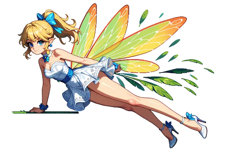 White background, whole body, masterpiece, highest quality, pixel art,
Fairy with a blonde ponytail. It flies with large transparent wings. White clothes and stiletto heels.