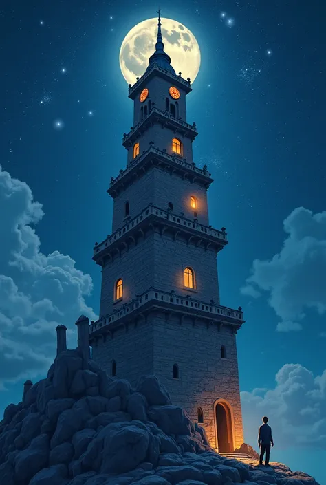  Create me a cover for a book about Sung Jin-woo's son by just leveling an alternative story from history, Where the son must climb a tower of infinite floors to save his father ,  make the cover a medieval tower in the middle of the night that rises infin...