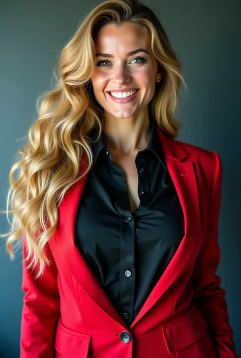 Very long golden blonde (curly) hair, cascading down in front of one eye, female athlete with epic big breasts, closeup J-cup boobs stretching her buttoned black business shirt, power red business suit, natural, freckles, smiling mischievously, dynamic ges...