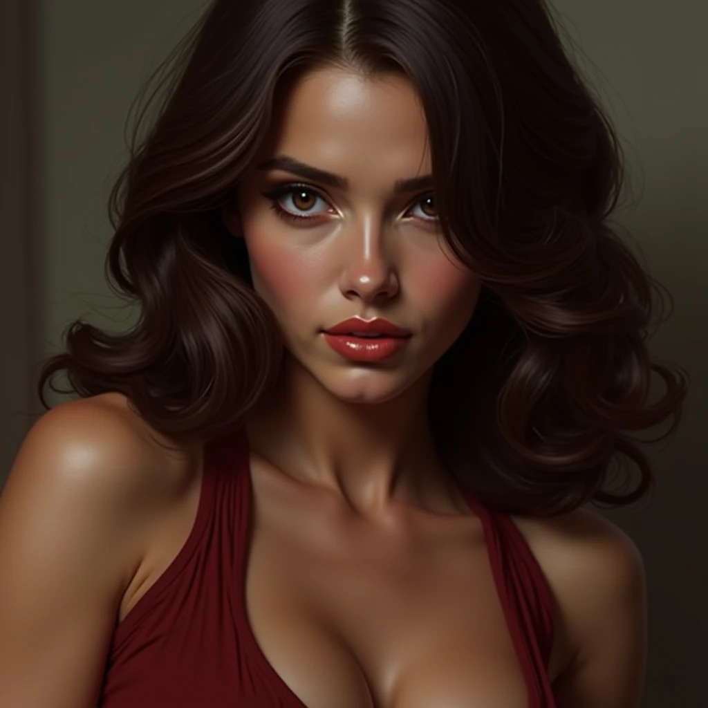 Create a brunette woman with a half-slanted eye with brown skin color with sexy clothes making sensual gestures 