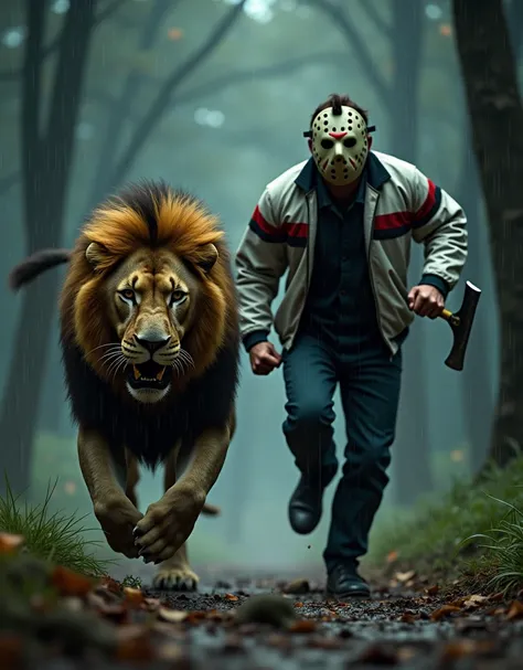 ( photorealism:1.2), a lion with being chased by Jason Voorhees dressed in a white jacket with red and black stripes, Jason pursues the lion holding an axe ,  Jason Voorhees is running to get the lion. night rain,  forest and tall trees  