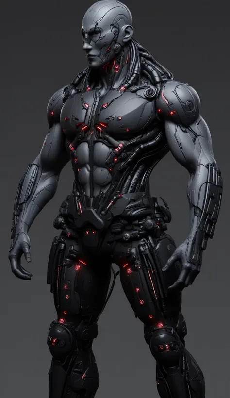 Man 1.90 m tall, athletic build with increased muscles. Grayish synthetic leather, with visible titanium plates on shoulders and ribs. Bald, with a circuit pattern tattooed on his skull. Bionic eyes without pupils, with golden concentric rings (thermal vis...