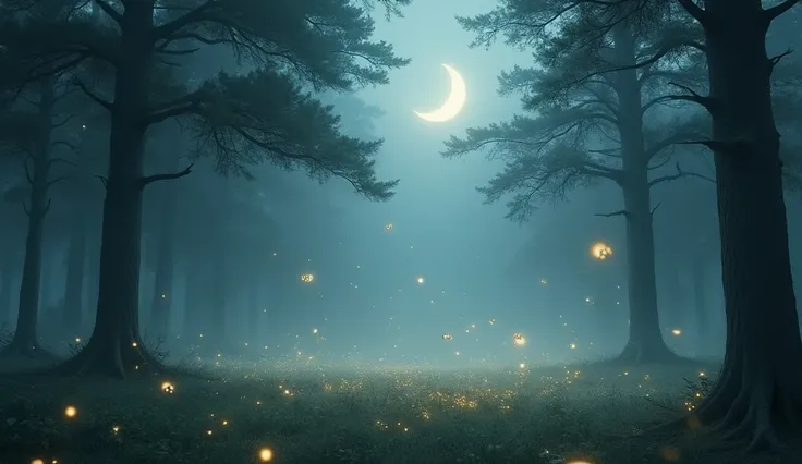 Dreamy misty forest clearing under a crescent moon, fireflies dancing softly, in soft blue tones